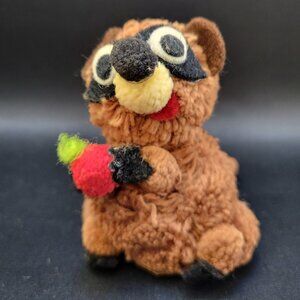 Vintage Pom Pom Felt Yarn raccoon apple Kitschy Retro Whimsical fun & fancy 1973
